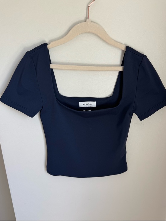 Aritzia Tops - Aritzia Babaton Navy Square Neck Short Sleeve Crop Top Size XS